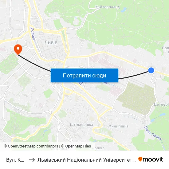 Вул. Котика to Львівський Національний Університет Ім. Івана Франка map