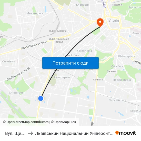Вул. Щирецька to Львівський Національний Університет Ім. Івана Франка map