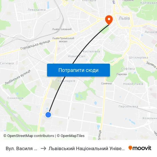 Вул. Василя Симоненка to Львівський Національний Університет Ім. Івана Франка map
