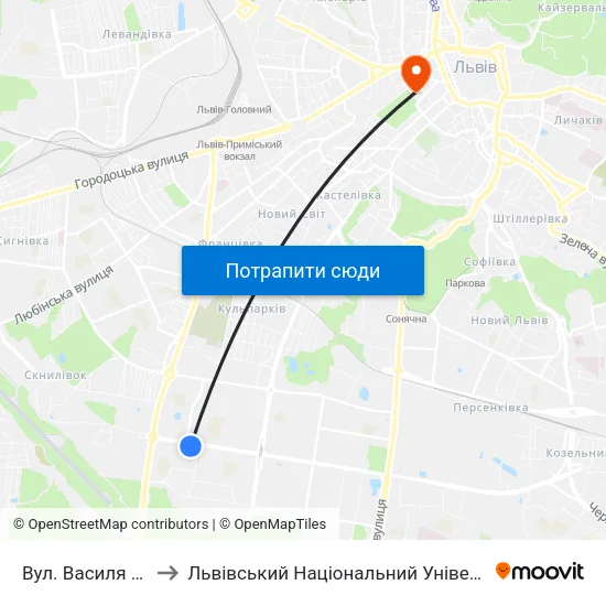Вул. Василя Симоненка to Львівський Національний Університет Ім. Івана Франка map