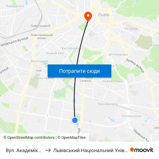 Вул. Академіка Підстригача to Львівський Національний Університет Ім. Івана Франка map