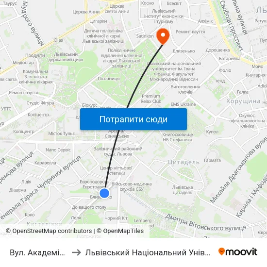 Вул. Академіка Сахарова to Львівський Національний Університет Ім. Івана Франка map