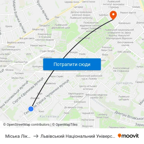 Міська Лікарня №5 to Львівський Національний Університет Ім. Івана Франка map