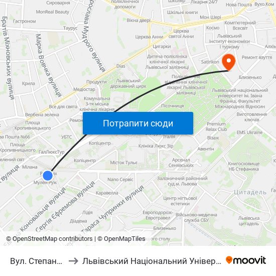 Вул. Степана Бандери to Львівський Національний Університет Ім. Івана Франка map