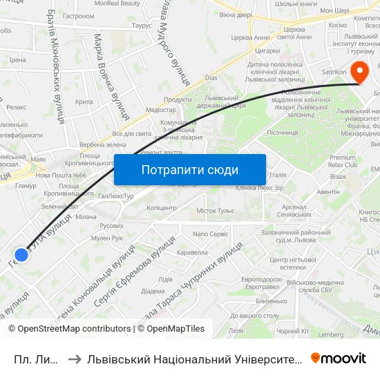 Пл. Липнева to Львівський Національний Університет Ім. Івана Франка map