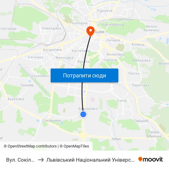 Вул. Сокільницька to Львівський Національний Університет Ім. Івана Франка map