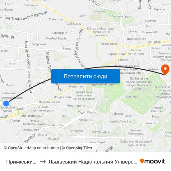 Приміський Вокзал to Львівський Національний Університет Ім. Івана Франка map
