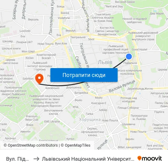 Вул. Підвальна to Львівський Національний Університет Ім. Івана Франка map