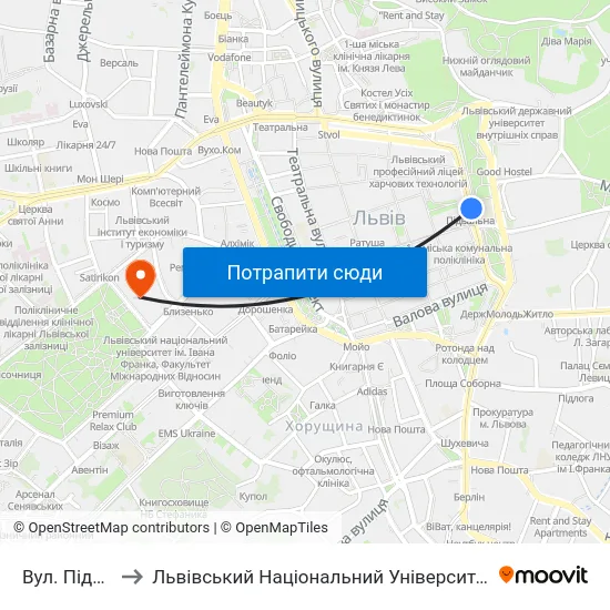 Вул. Підвальна to Львівський Національний Університет Ім. Івана Франка map