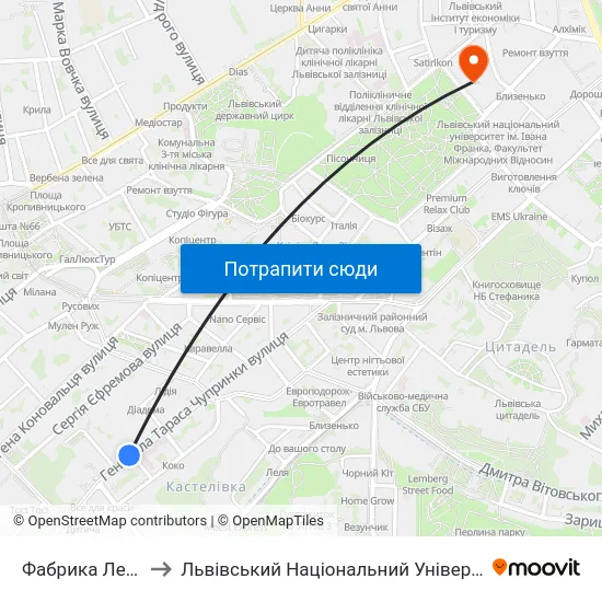 Фабрика Левинського to Львівський Національний Університет Ім. Івана Франка map