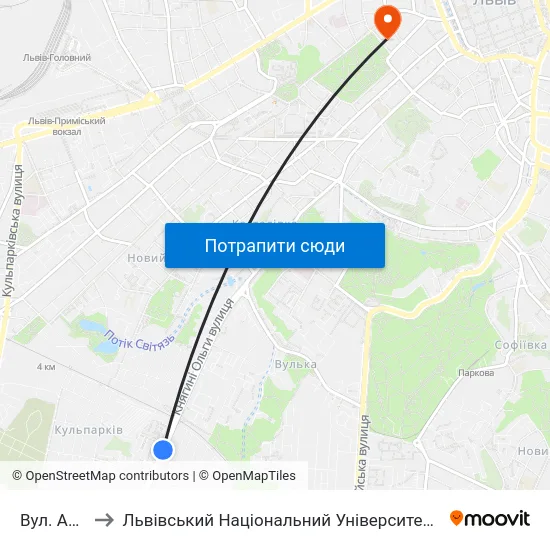 Вул. Аркаса to Львівський Національний Університет Ім. Івана Франка map