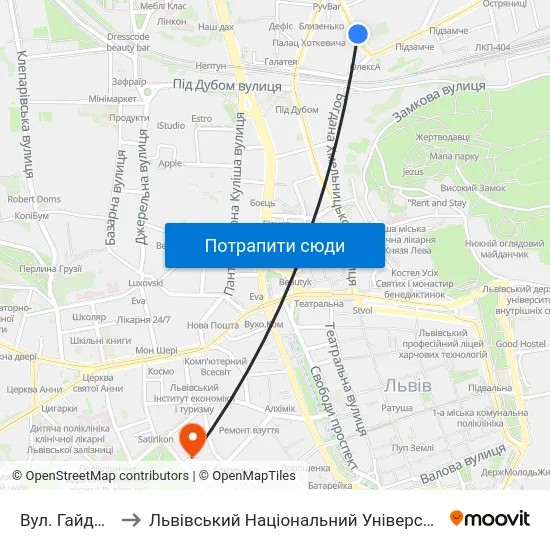 Вул. Гайдамацька to Львівський Національний Університет Ім. Івана Франка map