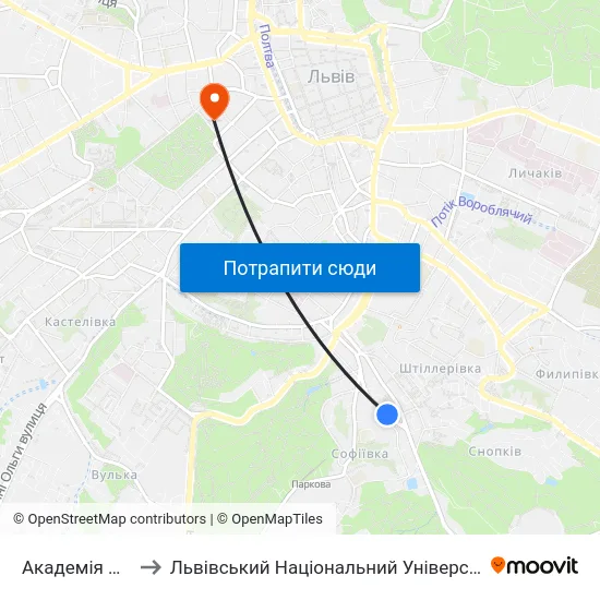 Академія Мистецтв to Львівський Національний Університет Ім. Івана Франка map