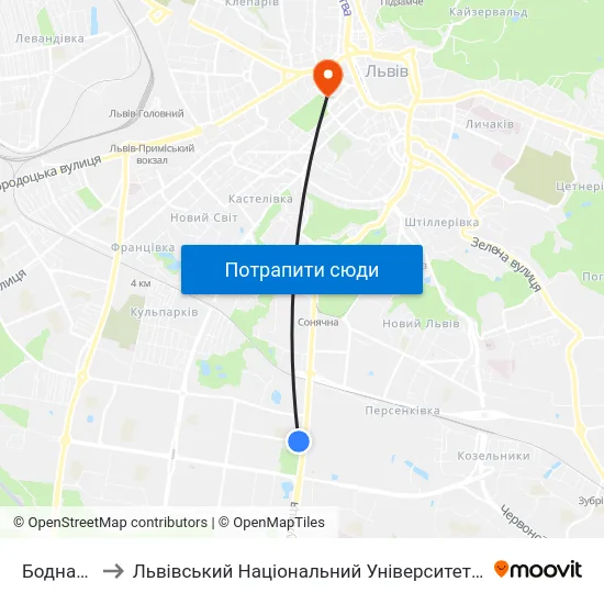 Боднарівка to Львівський Національний Університет Ім. Івана Франка map