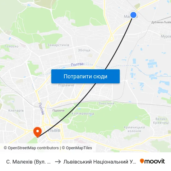 С. Малехів (Вул. Тараса Шевченка) to Львівський Національний Університет Ім. Івана Франка map