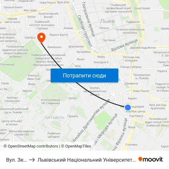 Вул. Зелена to Львівський Національний Університет Ім. Івана Франка map