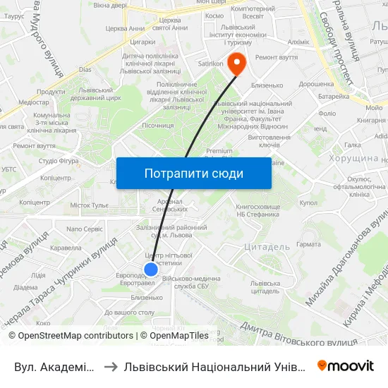 Вул. Академіка Сахарова to Львівський Національний Університет Ім. Івана Франка map