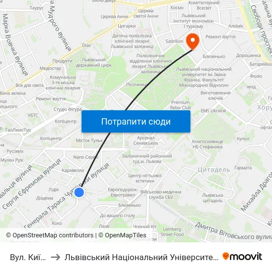 Вул. Київська to Львівський Національний Університет Ім. Івана Франка map
