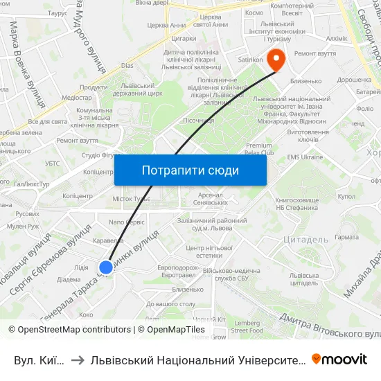 Вул. Київська to Львівський Національний Університет Ім. Івана Франка map