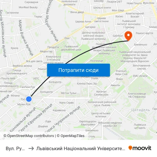 Вул. Русових to Львівський Національний Університет Ім. Івана Франка map