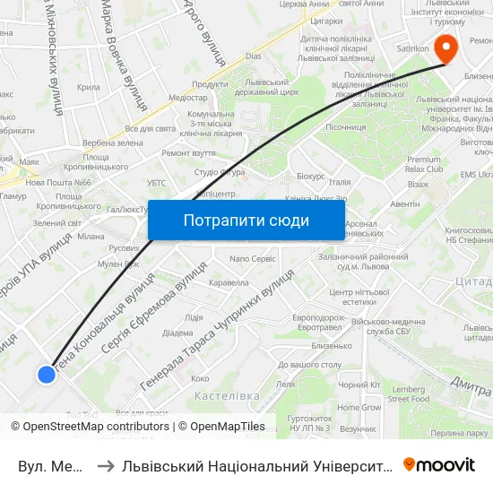 Вул. Мельника to Львівський Національний Університет Ім. Івана Франка map