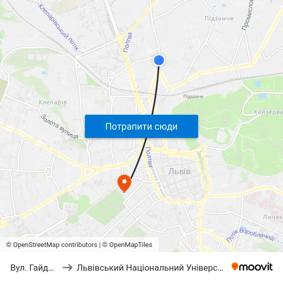 Вул. Гайдамацька to Львівський Національний Університет Ім. Івана Франка map