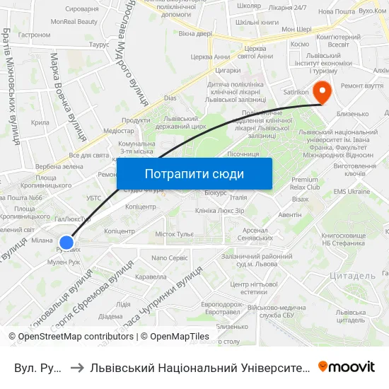 Вул. Русових to Львівський Національний Університет Ім. Івана Франка map