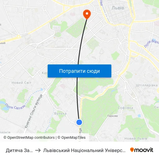 Дитяча Залізниця to Львівський Національний Університет Ім. Івана Франка map
