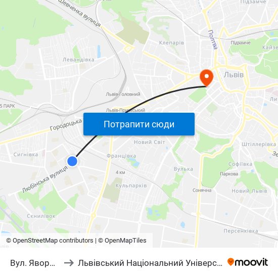 Вул. Яворницького to Львівський Національний Університет Ім. Івана Франка map
