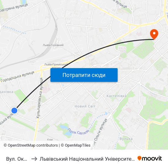 Вул. Окружна to Львівський Національний Університет Ім. Івана Франка map