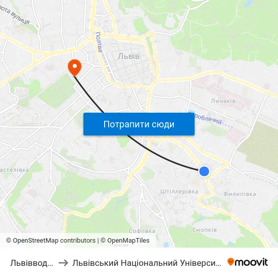 Львівводоканал to Львівський Національний Університет Ім. Івана Франка map
