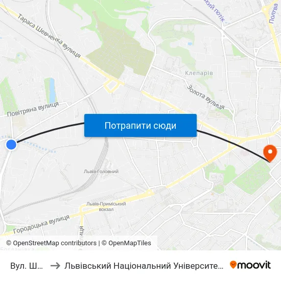 Вул. Широка to Львівський Національний Університет Ім. Івана Франка map