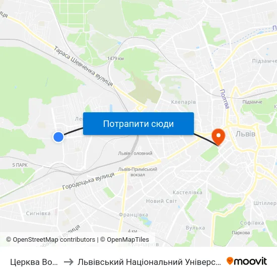 Церква Вознесіння to Львівський Національний Університет Ім. Івана Франка map