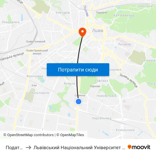 Податкова to Львівський Національний Університет Ім. Івана Франка map