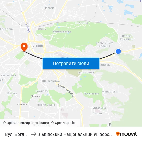 Вул. Богданівська to Львівський Національний Університет Ім. Івана Франка map