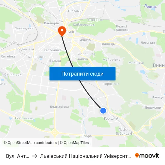 Вул. Антонича to Львівський Національний Університет Ім. Івана Франка map