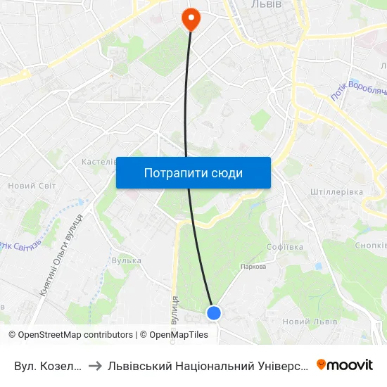 Вул. Козельницька to Львівський Національний Університет Ім. Івана Франка map