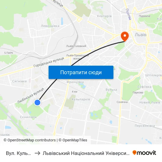 Вул. Кульчицької to Львівський Національний Університет Ім. Івана Франка map