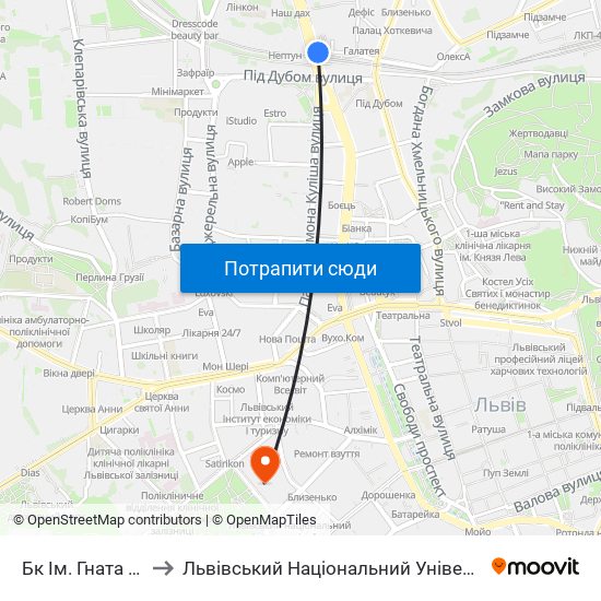 Бк Ім. Гната Хоткевича to Львівський Національний Університет Ім. Івана Франка map