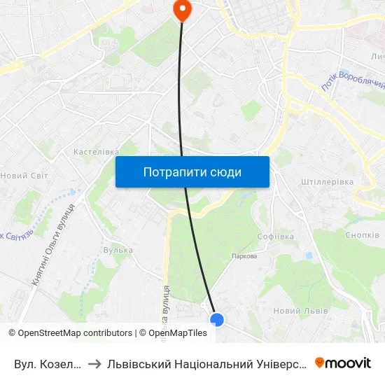 Вул. Козельницька to Львівський Національний Університет Ім. Івана Франка map