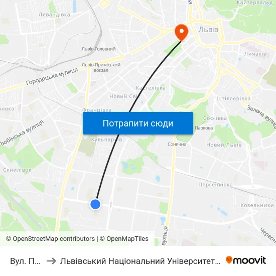 Вул. Пулюя to Львівський Національний Університет Ім. Івана Франка map