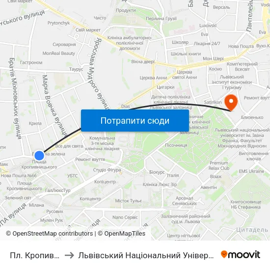Пл. Кропивницького to Львівський Національний Університет Ім. Івана Франка map