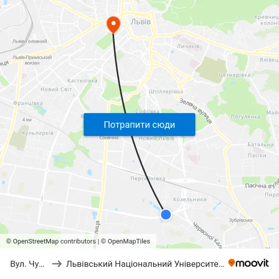 Вул. Чукаріна to Львівський Національний Університет Ім. Івана Франка map