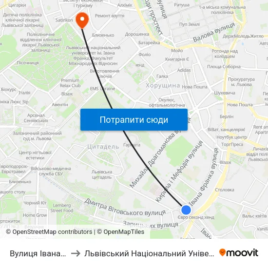 Вулиця Івана Франка, 75 to Львівський Національний Університет Ім. Івана Франка map