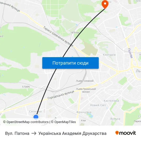 Вул. Патона to Українська Академія Друкарства map