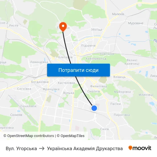 Вул. Угорська to Українська Академія Друкарства map