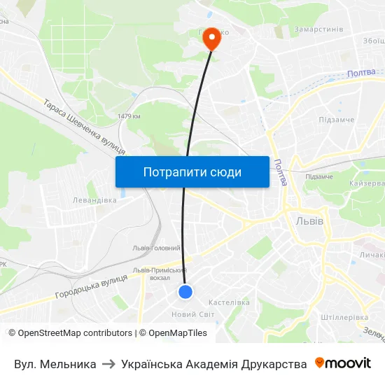 Вул. Мельника to Українська Академія Друкарства map