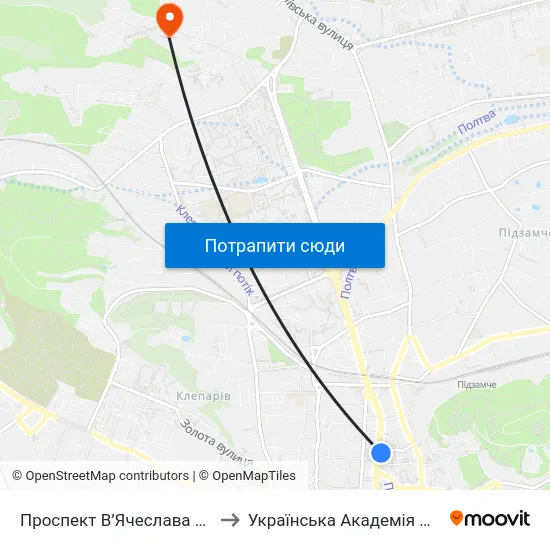 Проспект В’Ячеслава Чорновола to Українська Академія Друкарства map