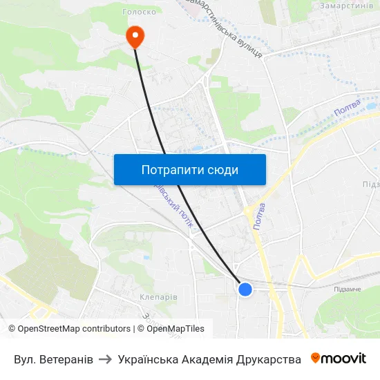 Вул. Ветеранів to Українська Академія Друкарства map