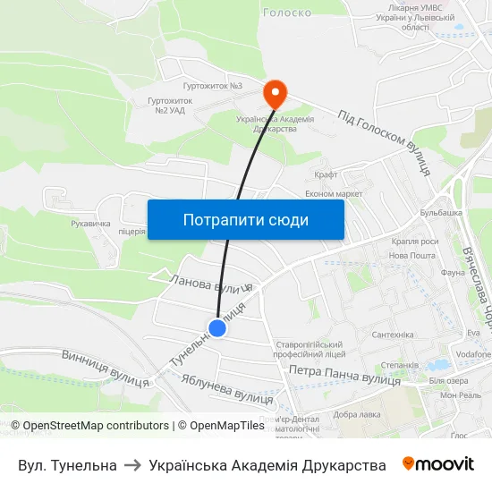 Вул. Тунельна to Українська Академія Друкарства map